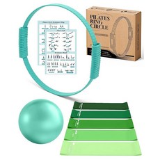 SUBCULTUREPICK 필라테스 링 세트 여성용 홈 키트 장비 및 볼 세트 매직 서클 후프 저항 밴드 5개 컴팩트 토닝 피트니스 에센셜 스타터 액세서리 핑크 176398, 2-청록색