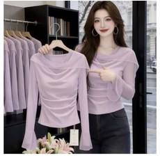 모던 망사 패치 셔링 긴팔 슬림 댄스복 여성 봄여름 티셔츠 ZH1542