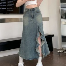 머메이드데님스커트 롱 긴치마 여성 언발 캐주얼