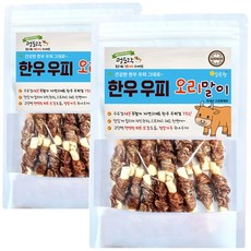 멍도락 한우우피스틱 100% 한우껌 오래먹는 강아지껌 국내산 수제간식, 한우우피 오리말이, 90g, 2개