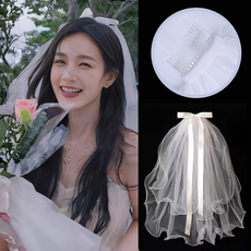 통품스토어 로맨틱웨딩 브라이덜 샤워 소품 리본 숏베일 클래식 레이스 새틴 면사포, 리본 레이스 숏베일, 1개, 화이트