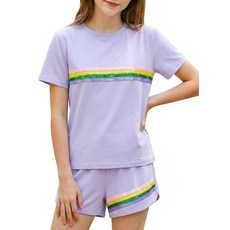 Kids4ever 여아용 의류 여름 투피스 의상 아동용 무지개 반바지 세트 캐주얼 티셔츠 및 신축성 있는 허리 7-14세 민트 그린.107447