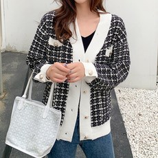 골드 버튼 트위드 울 니트 여성 가디건 브이넥 간절기