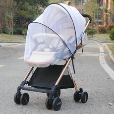 BO雜貨 通用全罩式嬰兒手推車蚊帳 加密網紗 防蚊防塵透氣 帶支撐桿設計 方便進出, 1個, 經典全開白色底黑色包邊藤條蚊帳（2根）