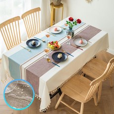 월간리빙 프리미엄 패브릭 홈카페 투톤 테이블 방수 식탁보, 블루+퍼플브라운(투톤), 1개, 6인(140cm x 220cm)