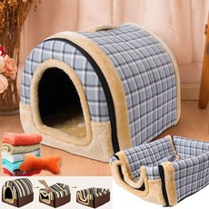강아지 켄넬 이동장 케이지 고양이 애완동물 침대 돔형 하우스 2가지 사용 방법 강아지와 고양이용 실내용 사계절용 푹신한 쿠션 집 지붕 포함 텐트 세련된 디자인 세탁 가능 접이식, S(2.5kg 이하의 반려동물), 연한 파랑/체크무늬