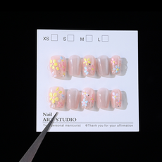 GUEFOON 貓眼花朵手繪穿戴甲, 1個, 春日花花（短方圓款）:S（9145）