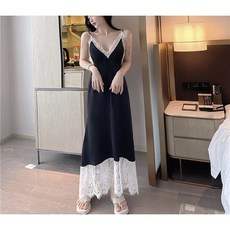 섹시 레이스 브이넥 롱 면 원피스 이너 슬립 파자마 허니문 잠옷 빅사이즈