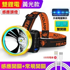 T6燈芯LED感應頭燈 黃光 揮手感應 八檔光源 雙開關 USB充電 強光遠射 泛光照明 釣魚登山適用, 1個, T6燈芯感應頭燈（内置電池）