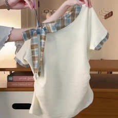 체크무늬 배색 사선 칼라 반소매 티셔츠 여성용 여름 레트로 스타일 리본 허리 조임 슬림핏 숏탑