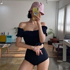 VERAF 素色露肩泳衣+泳褲套裝