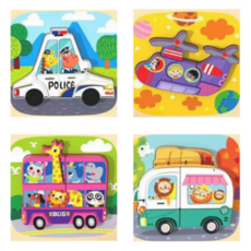 지니어스래빗 유아원목퍼즐 두돌아기장난감 교구, 탈것(경찰차+헬리콥터+봉고차+스쿨버스)