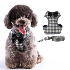 강아지 하네스 가벼운 몸줄 반려동물 조끼형 하네스 산책용 리본 체크 강아지산책 튼튼한 안전 리드 용품, 레드