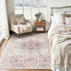 Lofus 입구 욕실용 5.1 x 7.6cm(2 x 3인치) 세탁 가능한 러그 바닥용 미끄럼 방지 주방 매트 빈티지 소프트 도어 매트 실내 입구 좁은 공간 러그 거실 침, 3 x 5피트, 핑크