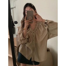 여성 러블리 브이넥 셔링 블라우스 빅사이즈 오버핏 박시핏 셔츠 남방 하객룩 출근룩 시스루 리본