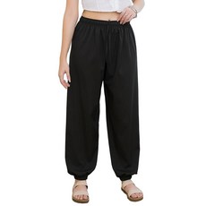 LOFBAZ 여성용 하렘 요가 팬츠 보헤미안 여름 하늘거리는 옷 하이 웨이스트 조거 라운지 비치 배기 캐주얼 보헤미안 의상 단색 블랙.