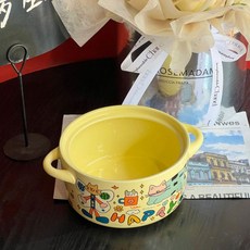 桃園熱賣 卡通塗鴉雙耳陶瓷泡麵碗 閨蜜生日禮物 高顏值禮盒裝, 1個, 塗鴉奶黃泡麪碗