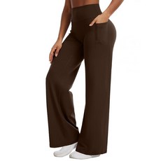 Flamingals 스트레이트 레깅스 주머니가 있는 와이드 레그 요가 팬츠 여성용 하이 웨이스트 히든 스크런치 운동 80cm(31.5인치) 바지 모카 M 159861
