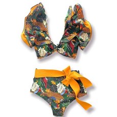 브라질 꽃 빈티지 여자 프린트 랩스커트 브라탑 하이웨이스트 프릴 비키니수영복 페이즐리 피스, [02] M, 없음