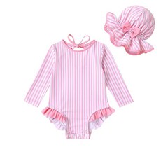 YOUNGER TREE 유아 여아용 수영복 긴소매 원피스 단색 모자 포함 UPF 50+ 핑크 테두리 줄무늬 6-12개월 116341