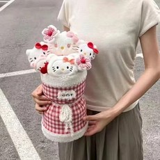 台灣24H 公仔花束 Kitty貓卡通玩偶公仔花束 成品可愛生日禮物送女生520情人節禮物, 1個, 格子花-kitty貓+禮袋+賀卡