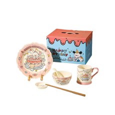可愛生日派對陶瓷餐具套裝，兒童節日禮品首選，包含盤子、碗、杯子、湯匙等, 粉色, 1個, 碗*1、馬克杯*1、碟子*1、盤子*1、湯匙*1、筷子*1
