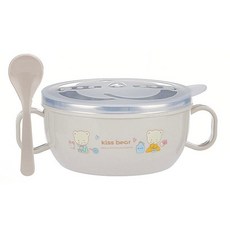 304不鏽鋼雙層雙把碗勺組 雙柄帶蓋隔熱防燙輔食碗 餐碗 兒童碗 保溫碗 防摔 湯碗 碗 幼兒園, 米色（304不鏽鋼）碗約300ml+勺, 1個