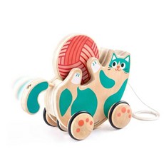 德國Hape 拖拉狗佩佩/貓咪學步牽繩玩具 木製學步玩具 兒童安全玩具 學齡前玩具, 1個, 貓咪學步牽繩玩具
