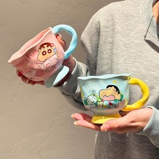 귀여운 크레용 신짱 도자기 머그컵 사무실 커피 우유컵 생일 선물, 1개, 레이스 2개 아이스크림핑크+슬리퍼블루