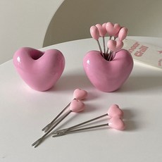 가정용 레스토랑용 카폐용 핑크 하트 디저트 과일 포크 세트, 5개입(포크통포함), 1세트