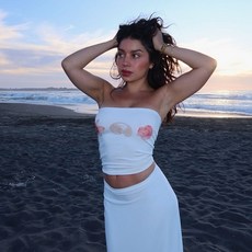 歐美度假風貝殼印花抹胸外穿無痕遮副乳修身顯瘦辣妹上衣