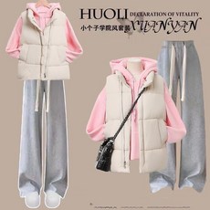 秋冬新款韓版寬鬆棉服馬甲 加絨衛衣 闊腿褲套裝