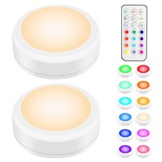 BLS 리모컨 LED 퍽 조명 RGB 13가지 색상 변경 캐비닛 아래 조명 무선 AA 배터리 작동 야간 옷장 주방 벽 조광기 및 타이머용 푸시 스틱 2팩, RGB -2팩(화이트 쉘)