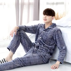 Mintcocoa 男士仿貂絨閃電格紋睡衣套裝