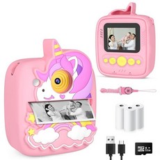 아동용 카메라 인스턴트 프린트 만 3-8세 여아용 크리스마스 생일 선물 48MP 및 1080P 어린이 카메라 사진 용지 포함 휴대용 장난감 3 4 5 6 7 8 9 10, Pink