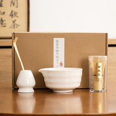 妃雪森 日式抹茶茶具套裝 茶筅百本立 抹茶碗 抹茶勺 宋代點茶道禪意工具, 1個, 白瓷抹茶四件套禮盒裝-限時特賣