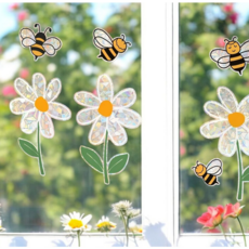 생동감 있는 데이지 꽃 & 벌 정전기 유리 스티커 양면 재사용 창문 데코, BS - 꿀벌