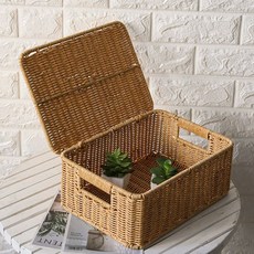 Moonlight Market 方形手柄有蓋藤編籃, 1個, M、米色