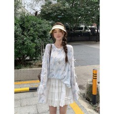 Yellwel 별무늬 프린트 티셔츠 여성 봄가을 여유로운 핏 얇은 상의 DJP