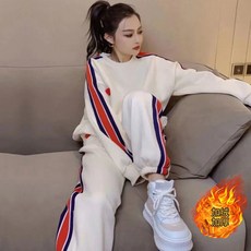 秋冬加絨加厚運動套裝女 杏色寬鬆 保暖刷毛衛衣+束口褲 顯瘦慵懶風 a0081