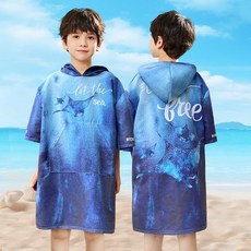 兒童連帽速乾材質浴巾衣-水精靈-718137, 魟魚,L (適合 120 – 140cm)