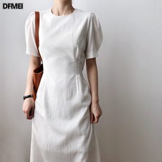 DFMEI 퍼프소매허리조임원피스 여하 프렌치 쁘띠 블랙 스커트 우아하고 부드러운 스커트166
