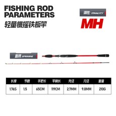 1.76米實心MH調海釣竿 適用於船釣、鐵板、八爪魷魚、筏釣、岸拋、路亞, 紅色-直柄,1.76米(40#)