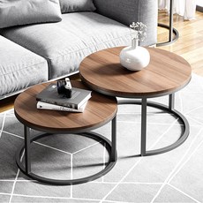 New World 거실테이블 70+50CM 원형티테이블 CJ01, 우드+블랙