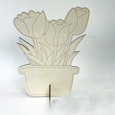 兒童益智木質白坯立體花朵擺件 幼兒園手工彩繪DIY材料包 親子手作母親節禮物, 1個, 鬱金香,不含彩繪顏料及畫筆