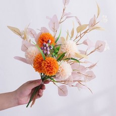 仿真花擺件 客廳餐桌臥室裝飾 高品質假花, 橘色繡球金粉葉（單花束不帶花瓶）