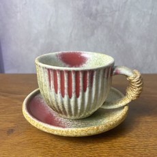 復古風做舊戶外下午茶粗陶陶瓷杯碟套裝, 1個, 豎紋咖啡杯-(綁繩白噴紅)200ml:300