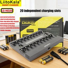 LiitoKala Lii-ND20 20채널 스마트 충전기 9V 1.2V Ni-MH AA 배터리에 대한 자동 감지 상태 독립 슬롯, 01 EU, 01 China Mainland, 04 1pcs(Lii-ND20)