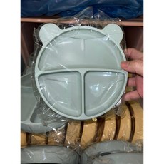 小熊造型矽膠分格餐盤/點心盤(370ML), 1個, 寶貝藍（實品帶一點綠）