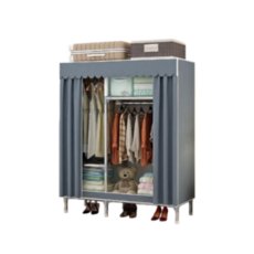 簡易衣櫃 布衣櫃 全鋼架衣櫃 超強耐重組裝衣櫃 鋼架加粗 帶抽屜 組裝加粗厚落地衣櫥 收納櫃, 長108青灰(全合金接頭 加厚布套)